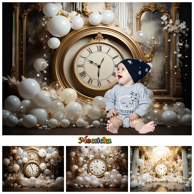 Fondo de fotografía de Feliz Año Nuevo, Fondo de cuenta regresiva de reloj dorado, globo blanco de Palacio, utilería de decoración de estudio fotográfico