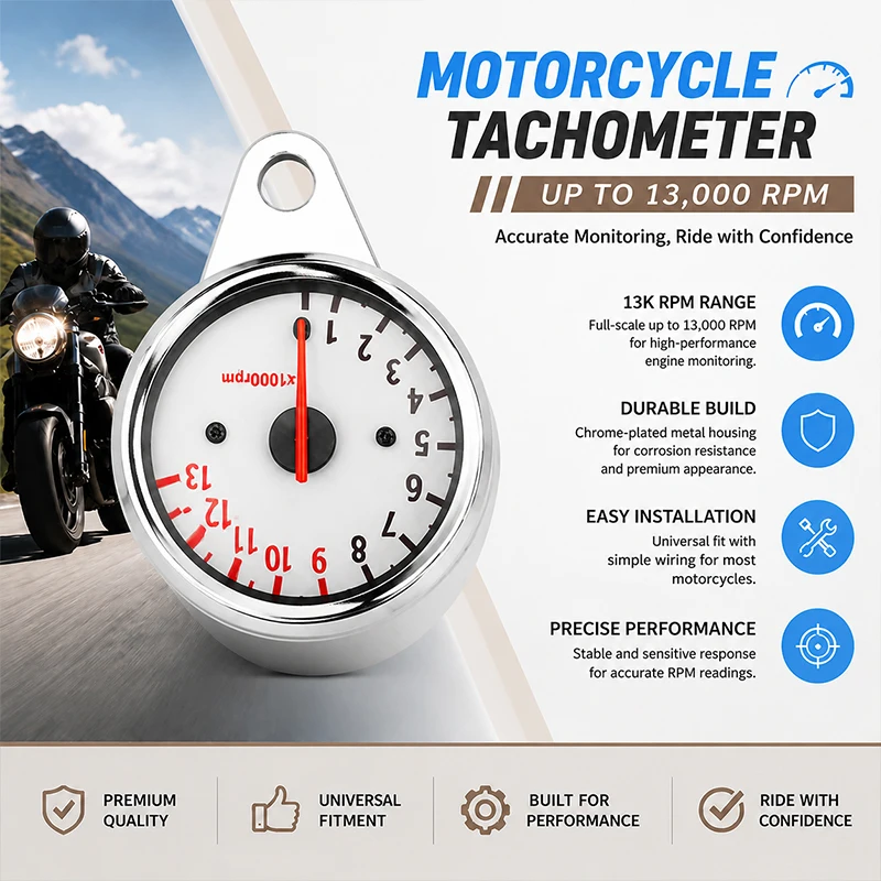 Motorcycle Inductive RPM Tachometer 13000RPM White Dial Pointer Speed Gauge with Halogen Backlight