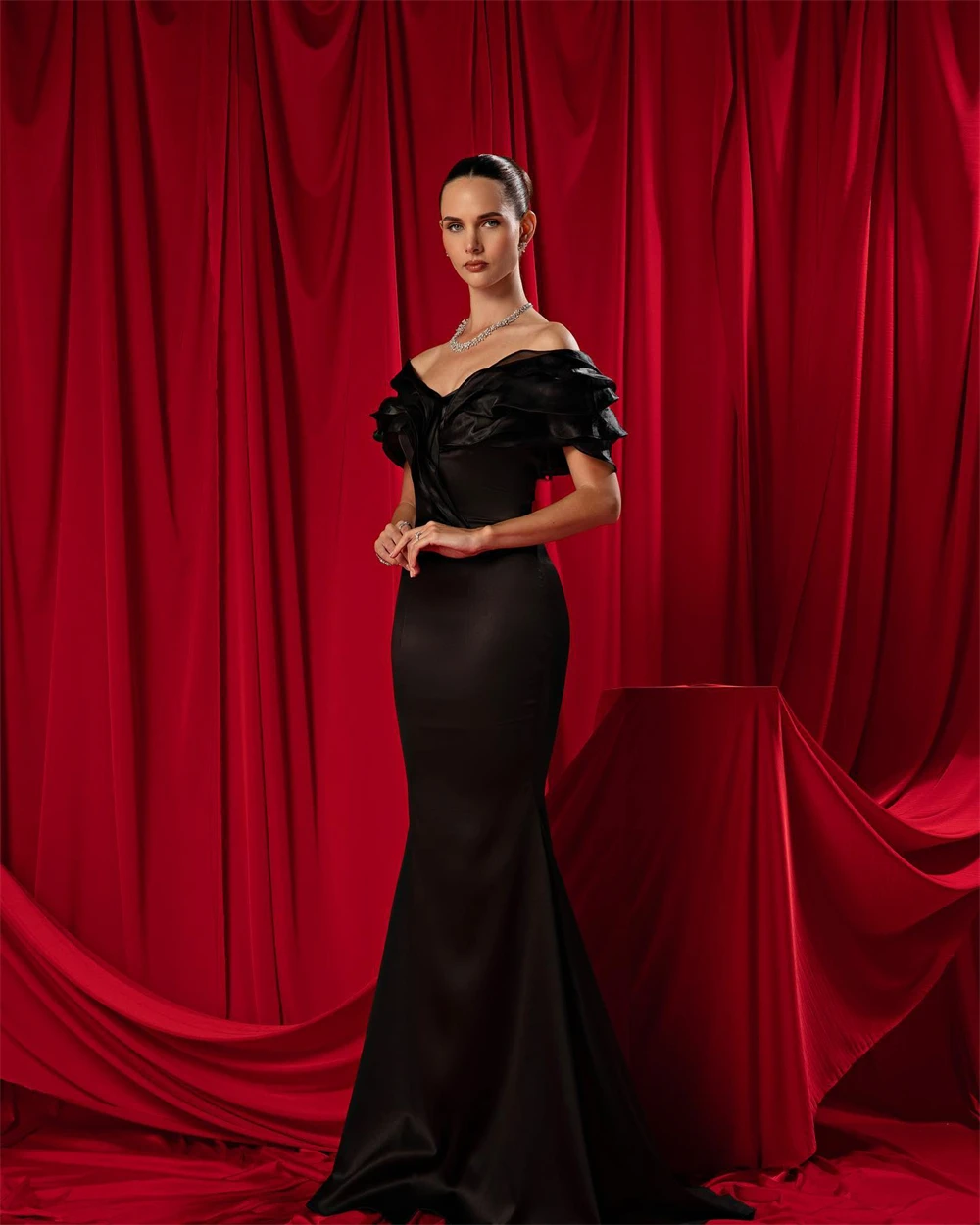 

Customized Mermaid High Quality Satin Evening Dresses Graceful Off the Shoulder Prom Dress Fashion Special Occasion Gowns