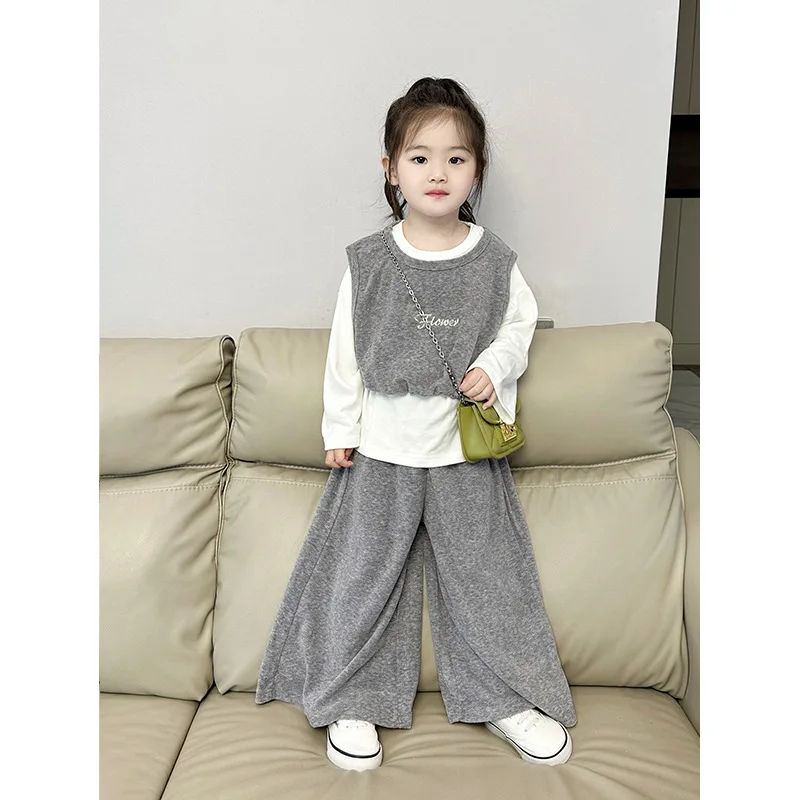 

Deer Girls' Autumn New Product Children's Korean Edition Western Soft Glutinous Tank Top Wide Leg Pants 2-Piece Set Casual