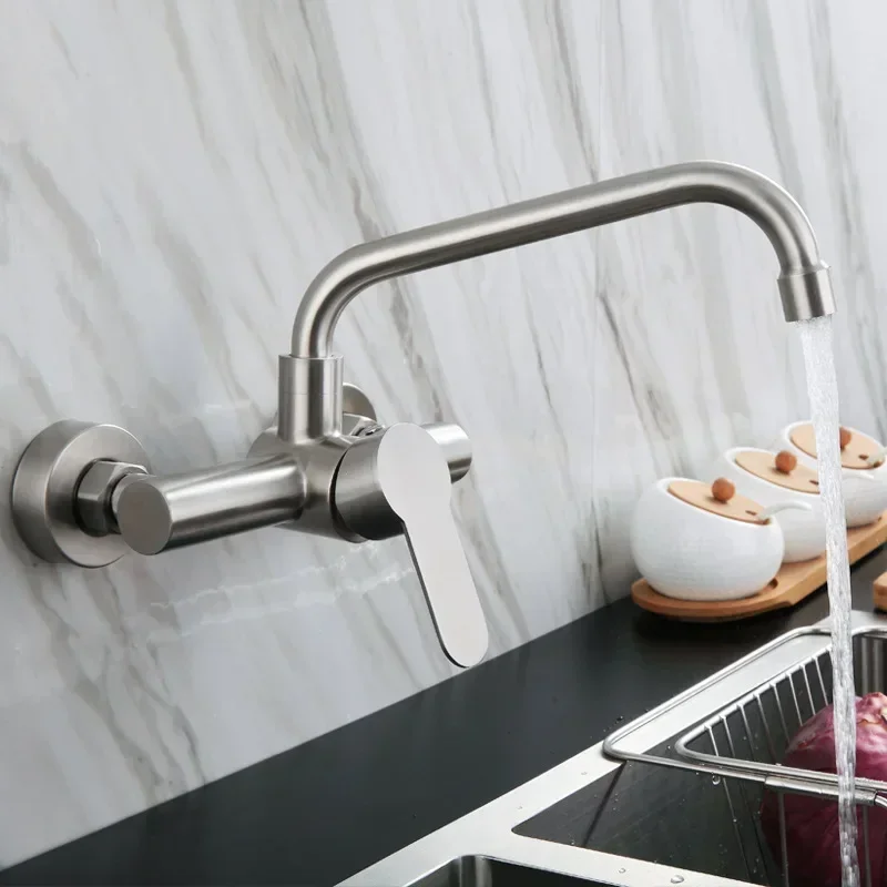 Imagem -02 - Double Hole Wall Faucet Frio e Quente Girando Kitchen Faucet Varanda Torneiras Batidora Aço Inoxidável