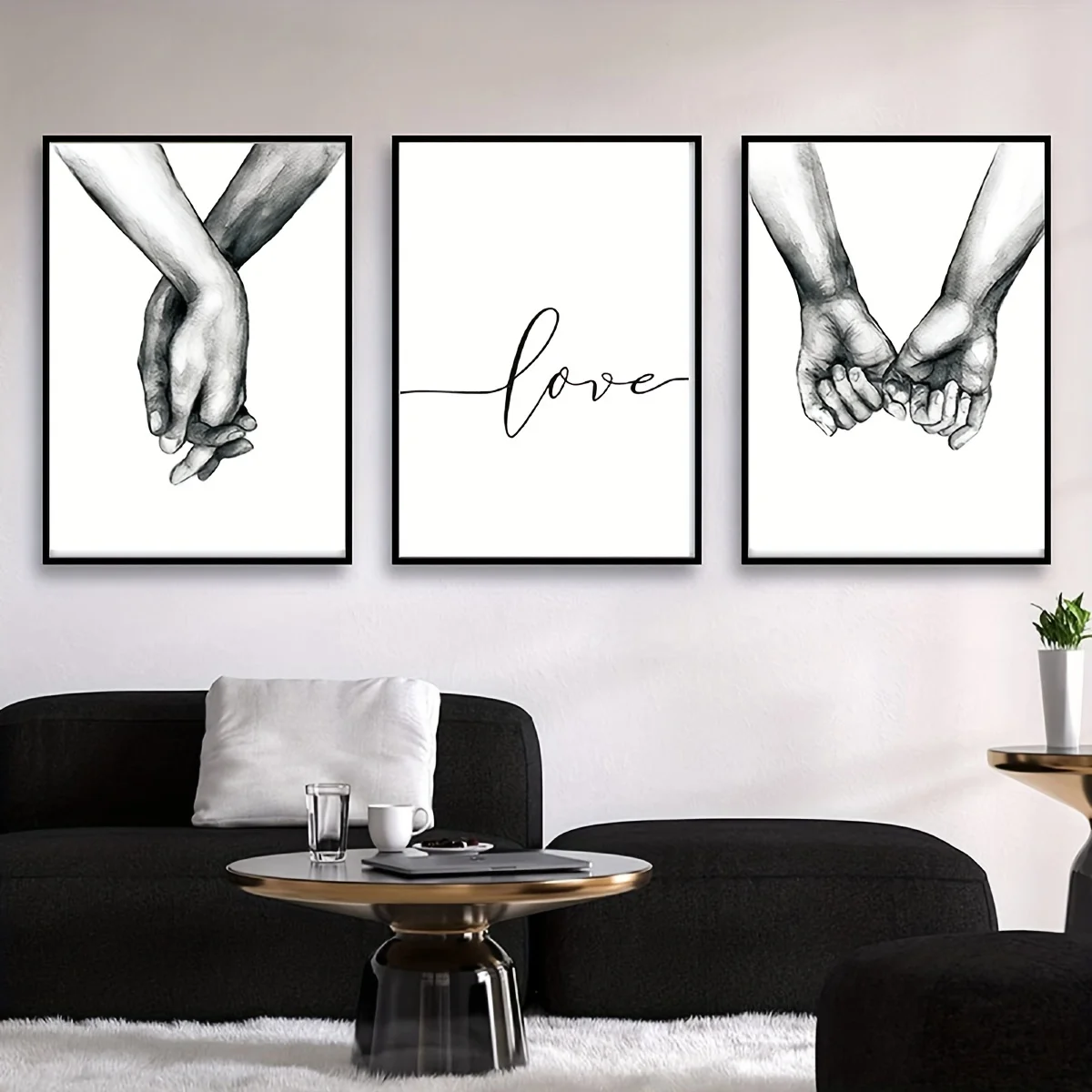 Minimalistisches Liebes- und Hände-Motiv Schwarz-Weiß-Linienkunst-Poster Wiederverwendbares Leinwandposter für Wohnzimmer- und Schlafzimmerdekoration