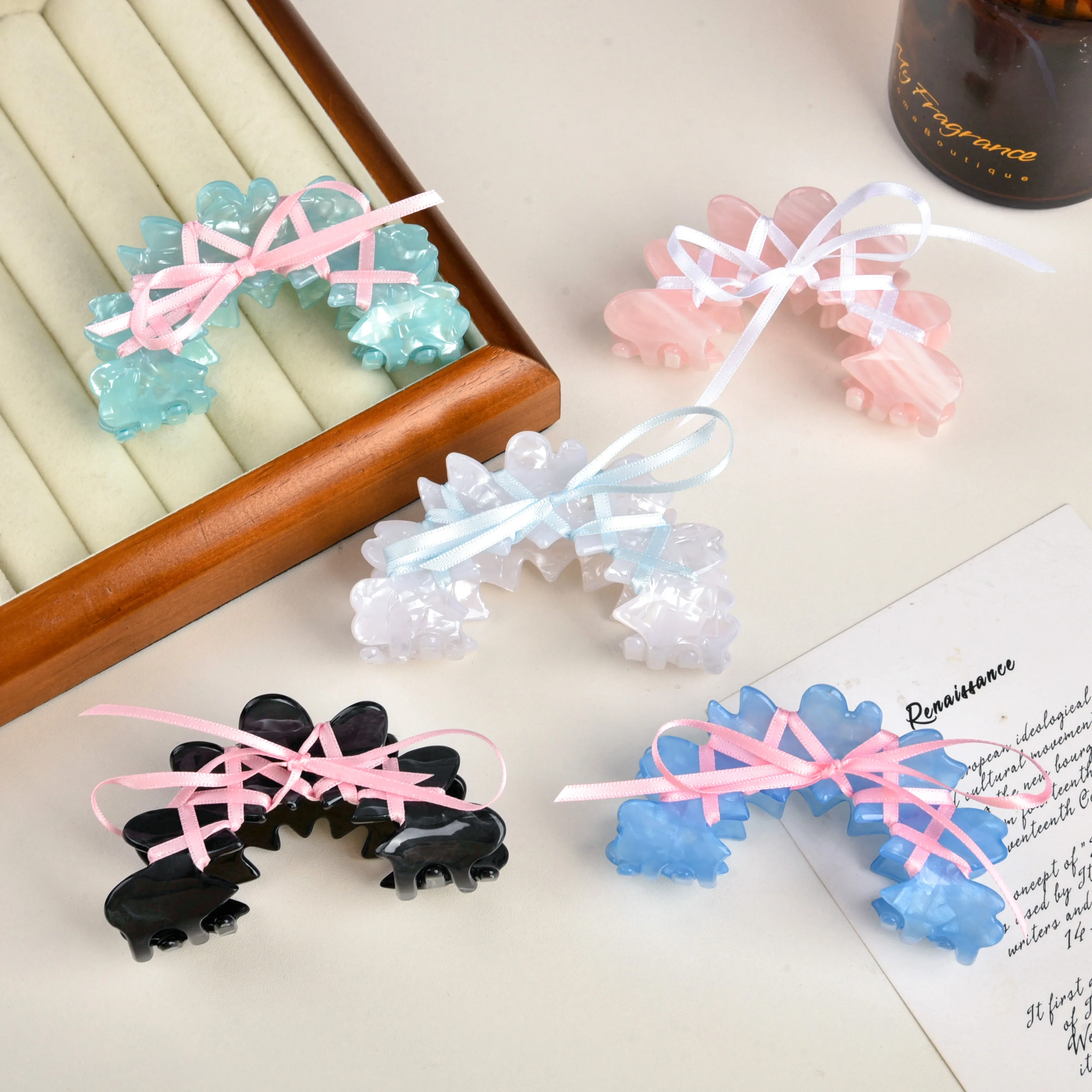 YHJ Acrylic Ballet Style Hair Claw Korean Ribbon Bowknot Flowers Hair Clips Sweet Girl Wave Grab Clip Hair Accessories for Women