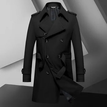 Men's Belted Double-Breasted Trench Coat 2 2024 Autumn New Men's Medium to Long Fashion Windbreaker Coat High Quality Double breasted British style Coat Series Belt Coat 2