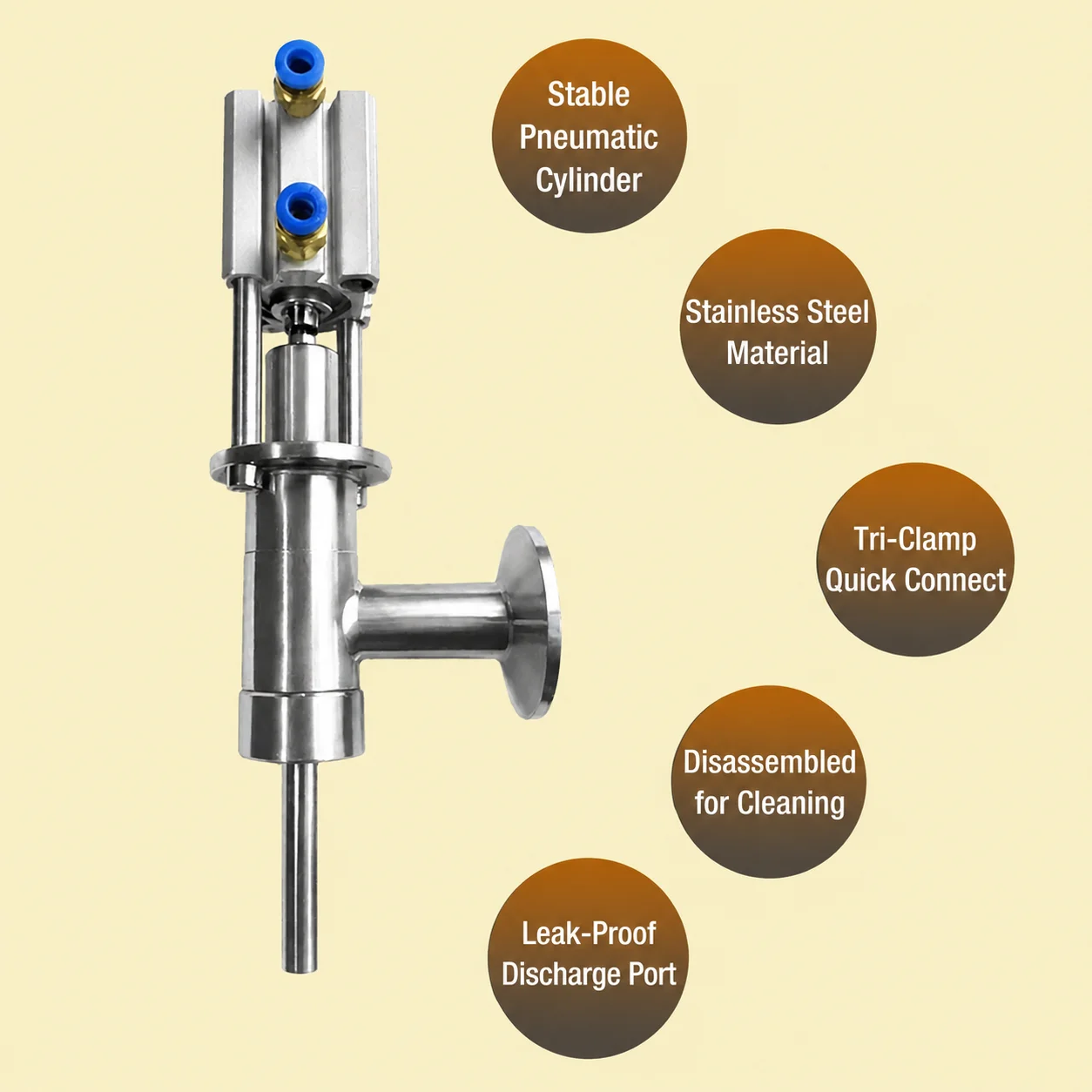 Stainless Steel Pneumatic Tri-clamp Filling Nozzle Anti-drip 50.5mm Chuck Filling Valve for Liquid Paste Sauce Filling Machine