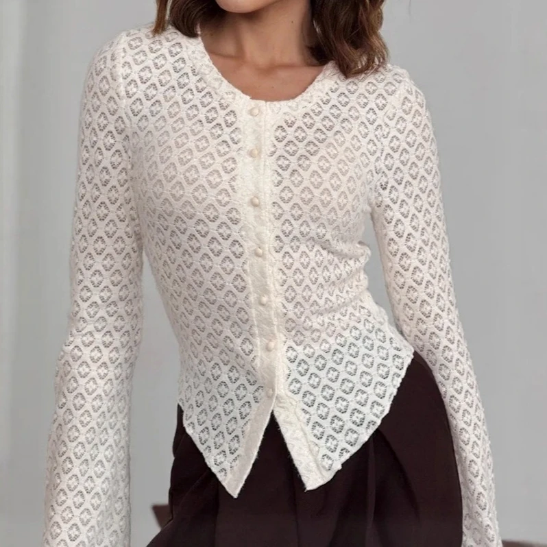 

Crew Neck Lace Knitted Cardigan Women's 2026 Spring Commuter Temperament Versatile Long Sleeve Slim Flared Sleeve Shirt