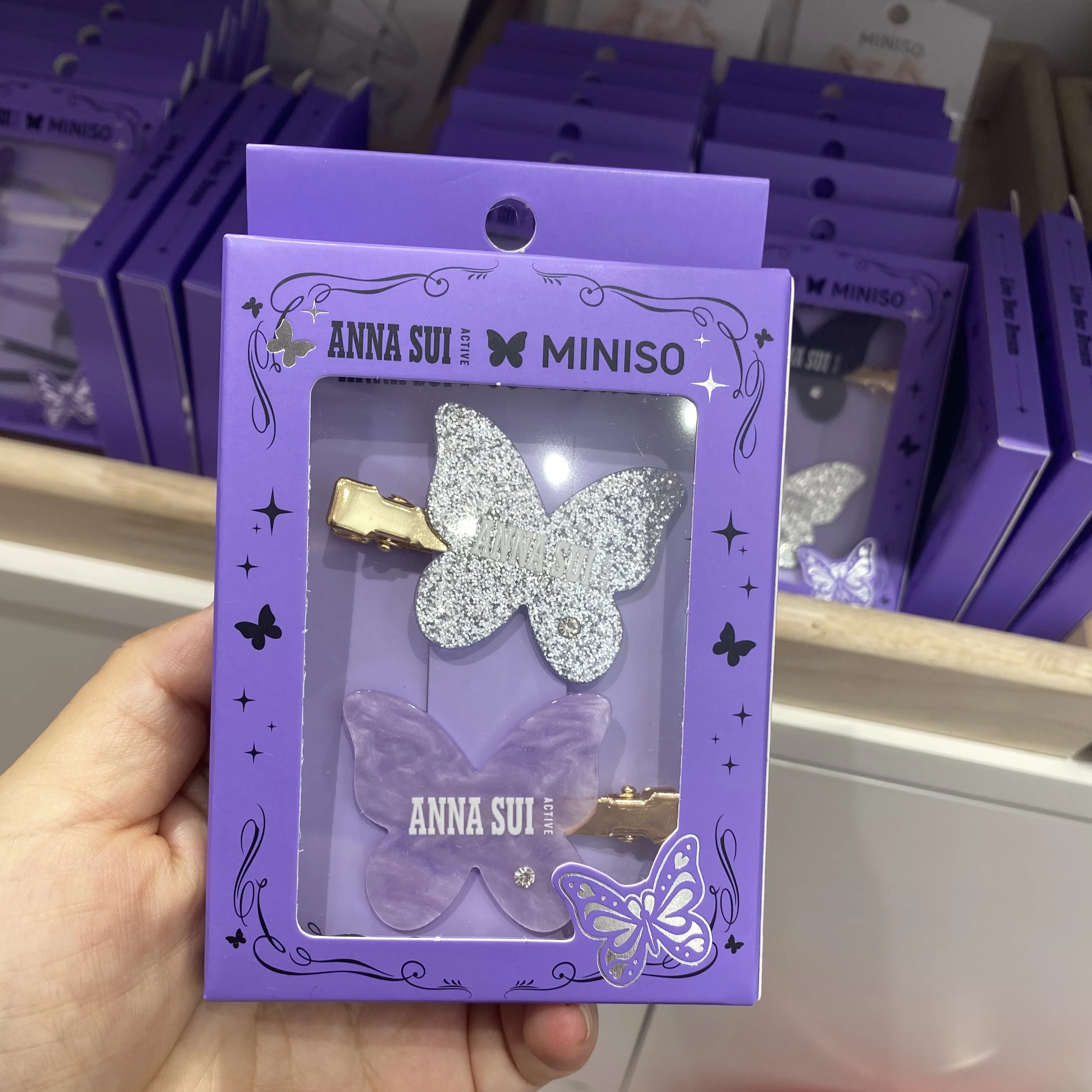 Miniso Anna Sui series purple seamless hollow butterfly clips set of 3 BB clips dreamy hairpins