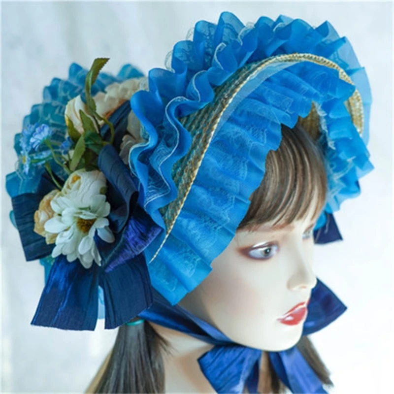 Handmade SunHat Lace Decorated Courtly Style Tea Party for Lolita Women Court Miss Straw Hat SunHat with Ribbon