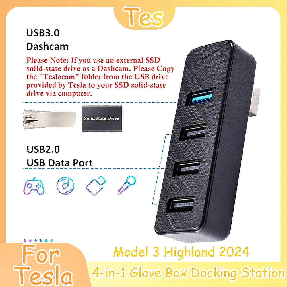 For Tesla Model 3 Highland 2024 4-in-1 Glove Box Docking Station USB Hub For Dash Cam Game Music Interior Auto Accessories New