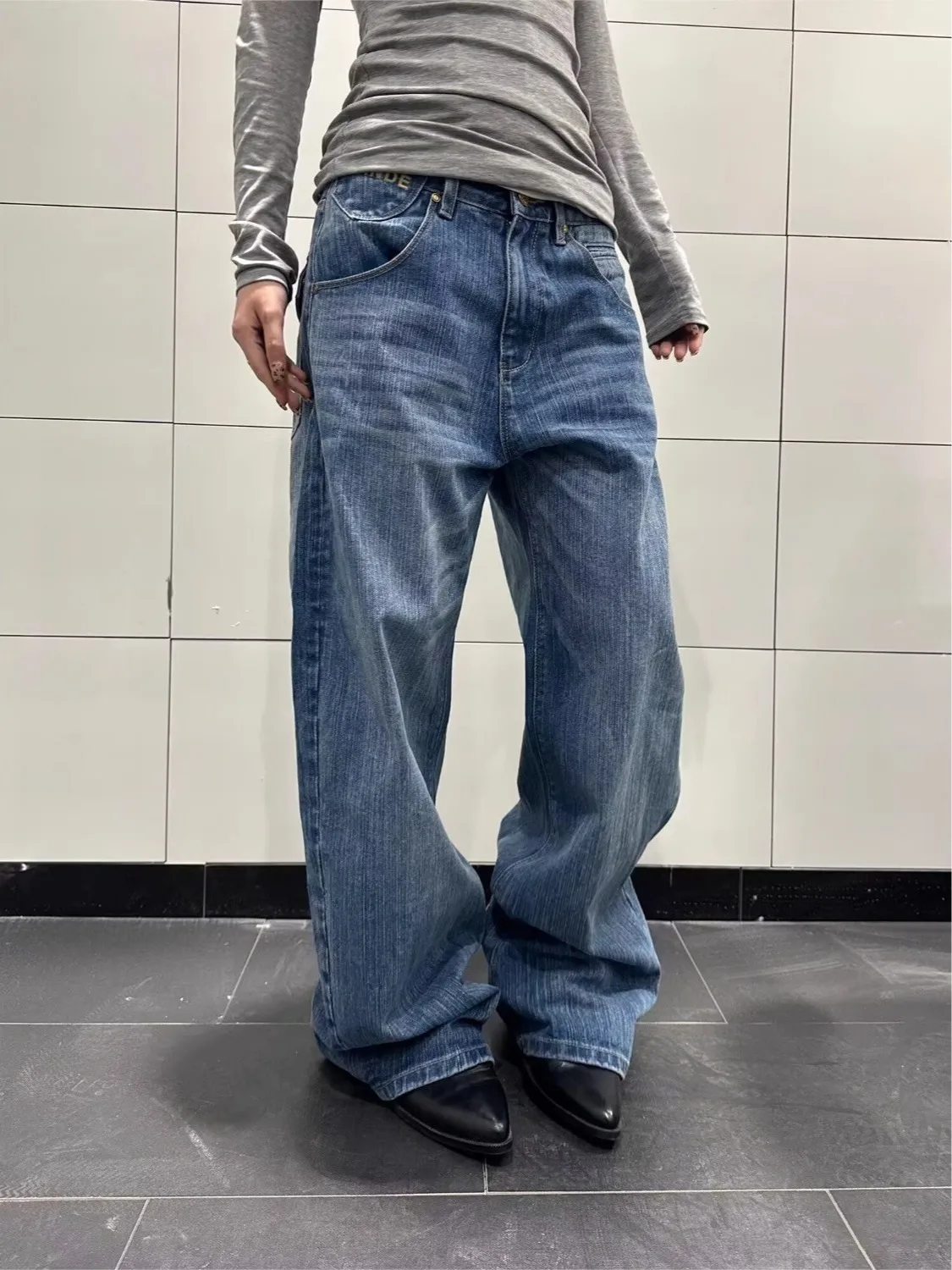 American Retro Hot Girl Paris Button Design Bamboo Denim Pants Women's Large Size Straight Loose Match Long Pants