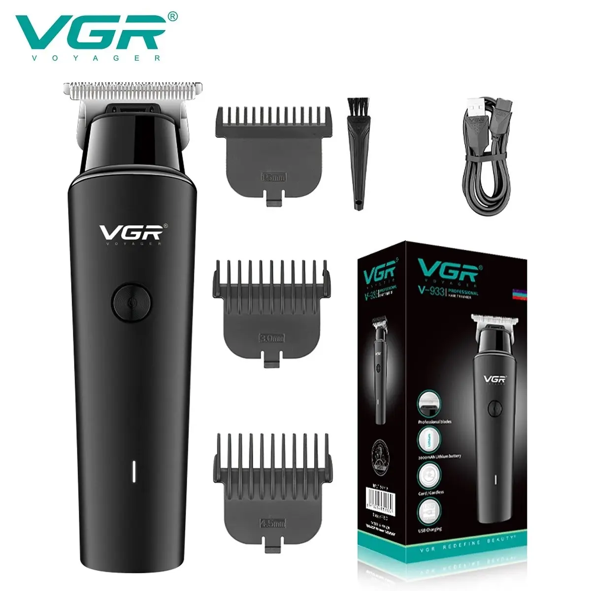 VGR Hair Cutting Machine Professional Hair Clipper Beard Trimmer Barber USB Rechargeable Electric Cordless Trimmer for Men V-933