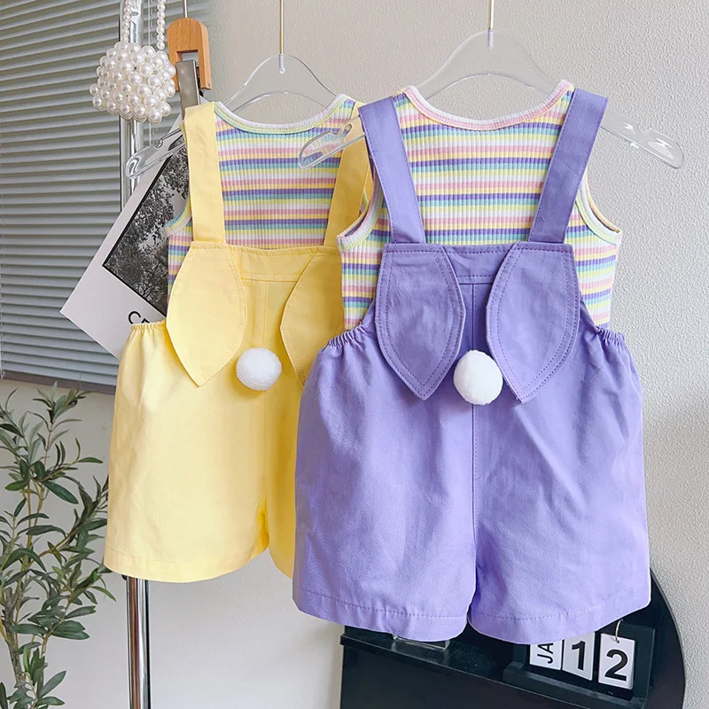 Girls Clothes Set Summer 2024 Cute Ball Tail Backband Pants+ Colorful Striped Tank Top Two Piece Set Baby Girls Clothes Suit