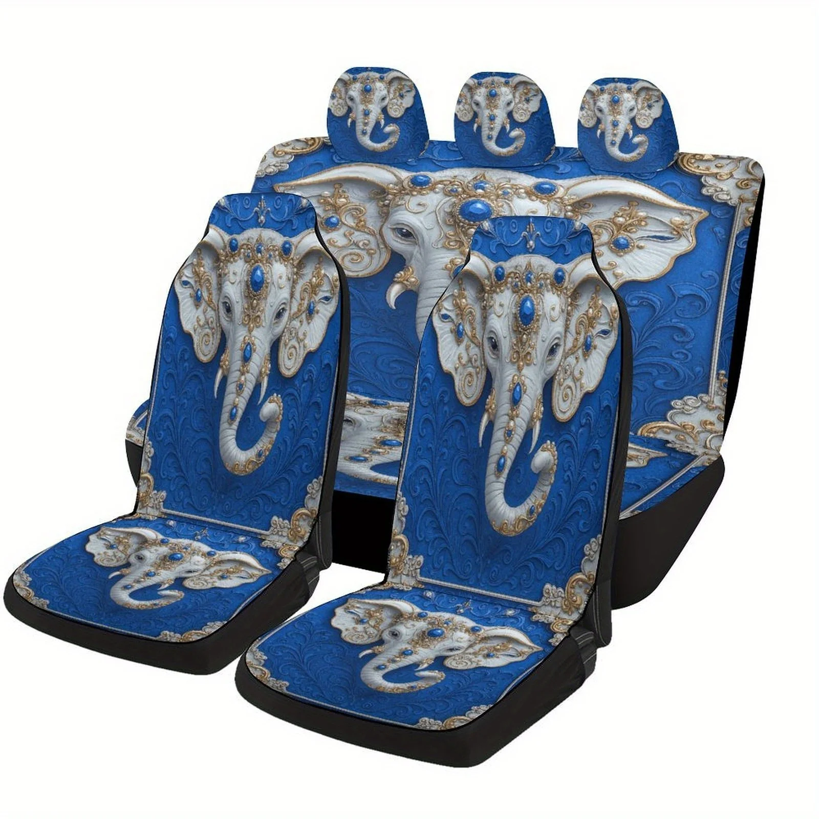 Elephant Ornament Blue Designed Car Seat Covers Set For Most Cars, Trendy Novelty Decorative Car Seat Protector Covers Full Set,