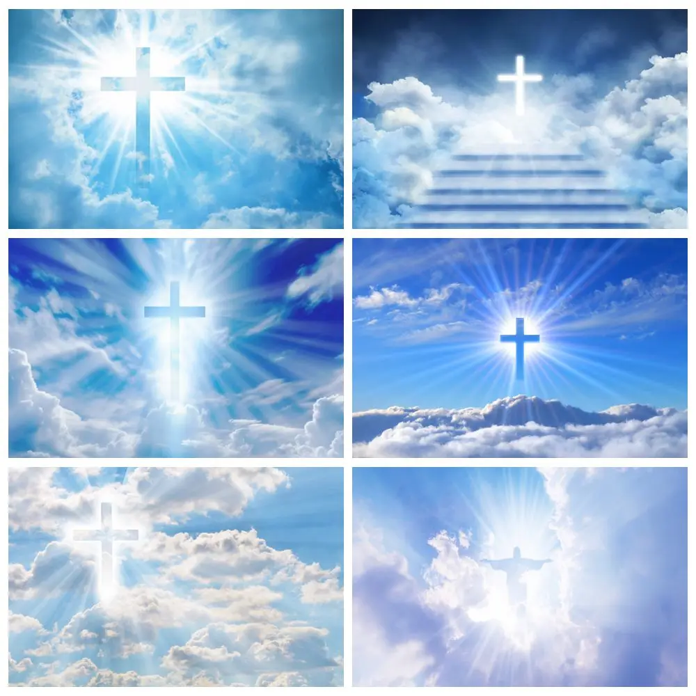 Christian Cross Backdrop White Clouds Blue Sky God Bless Holy Spirit Easter Jesus Stairs to Heaven Photography Background Photo