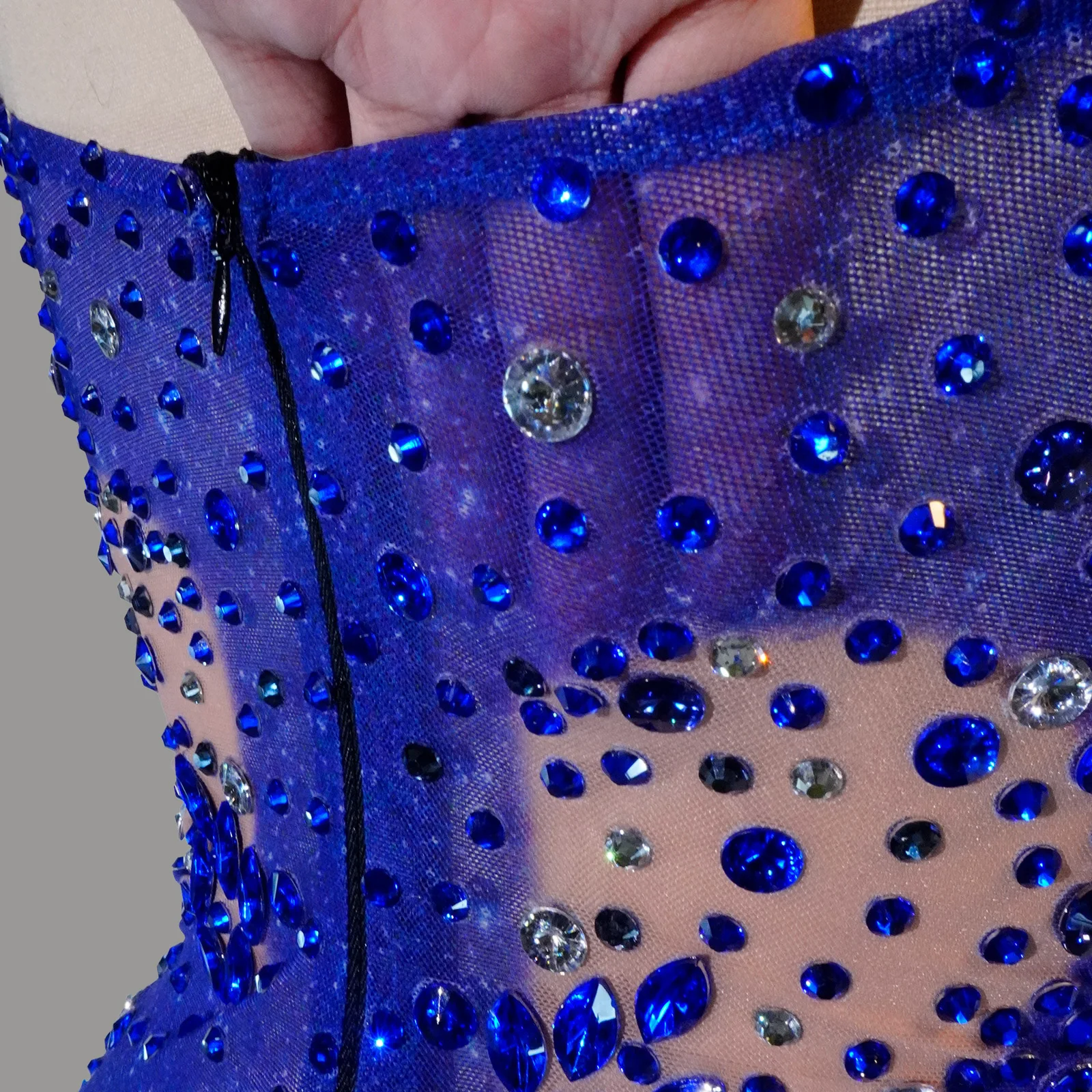 Brilliant Blue Diamond Sequin Pattern Halter Neck Sheer Fringe Bodysuit for Dance Nightclub Drag Queen performance Costume