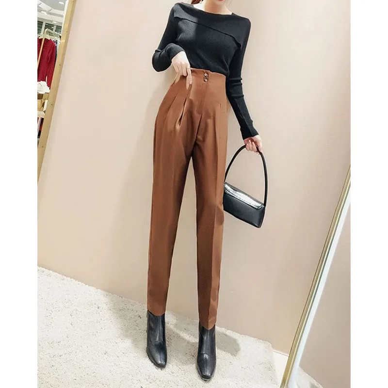 Office Lady All-match Solid Color Cropped Pants Autumn Women\'s Clothing Simplicity Casual Female Button High Waist Harem Pants