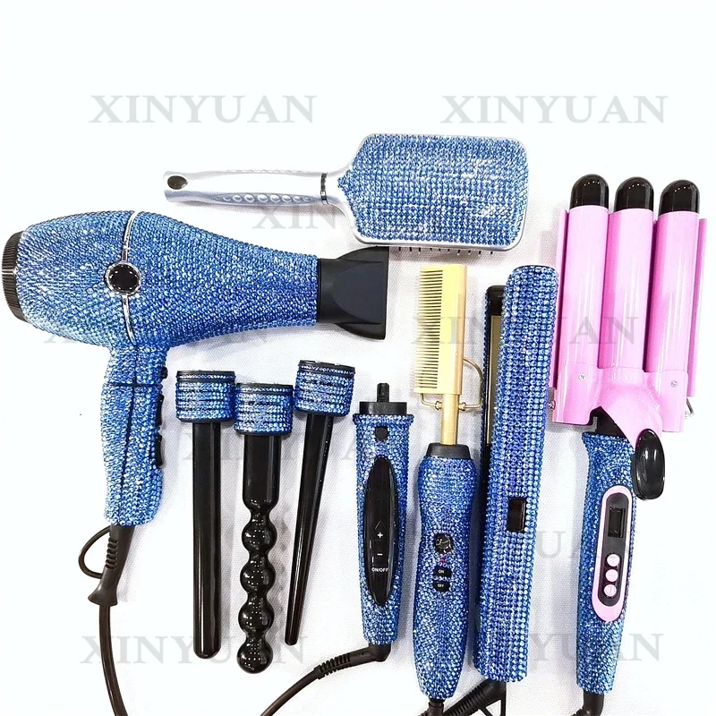 Hair Styling Tools Set, Luxury Salon Kit with Bling Rhinestone Flat Iron, Hair Dryer and Interchangeable Curling Accessories