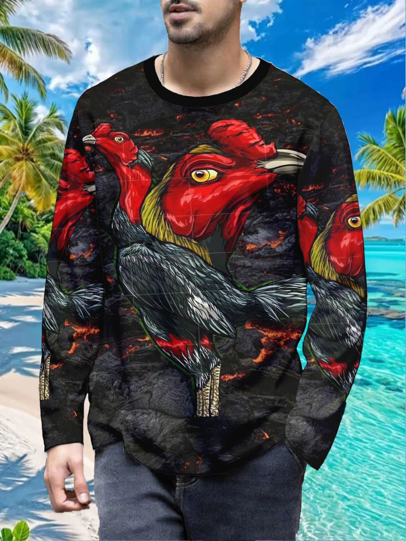 Rooster Fighting Cock Fierce Bird Mens Polyester Long Sleeve T Shirt Two Headed Rooster Print Graphic Tee Cool Lava Background C