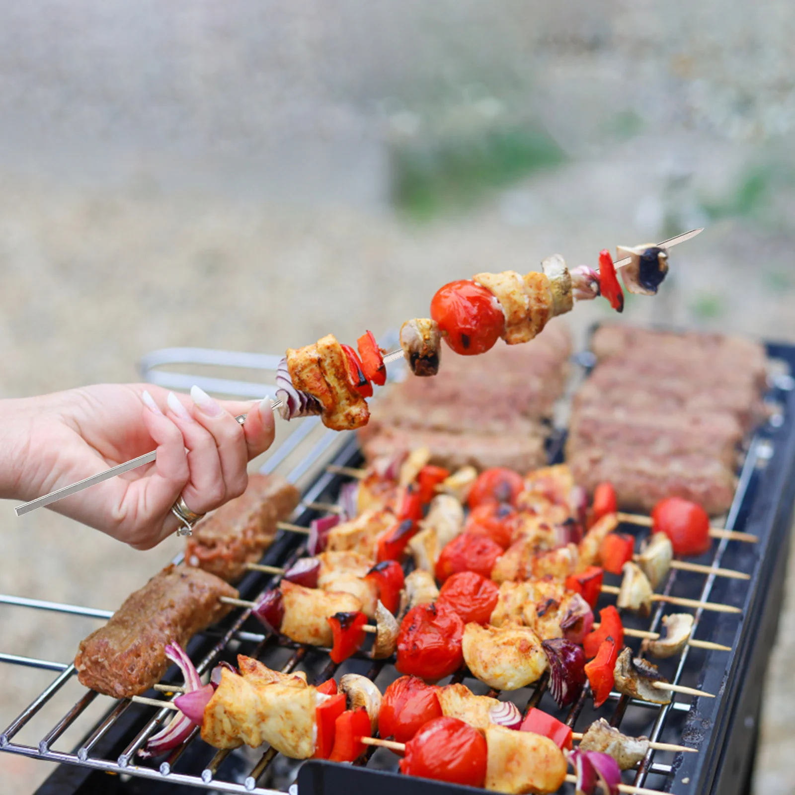 

50pcs Thick Lamb Skewers Stainless Steel BBQ Needles 35cm Flat Grilling Forks Metal Kabob Sticks Outdoor Cooking Tools