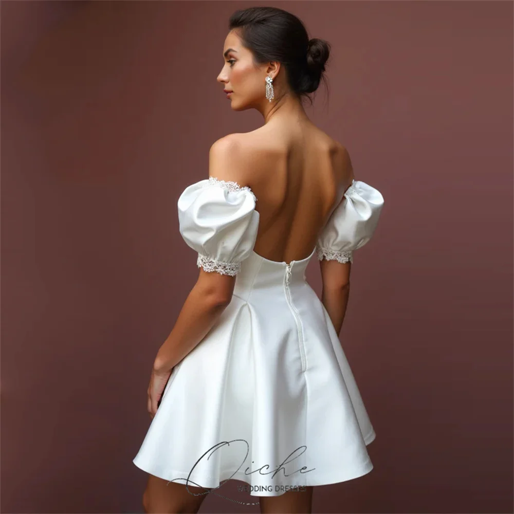 QICHE Simple Lace Mini A-Line Wedding Dresses Off The Shoulder Strapless Open Back Satin Party Dress Vestido De Novia Customized