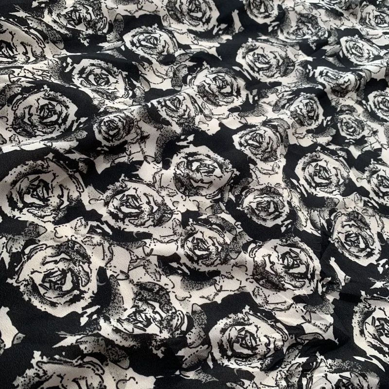 

Luxury Black Rose Print Satin Fabric 2025 Spring Summer Blouse Dress Material Soft Breathable Premium Wholesale