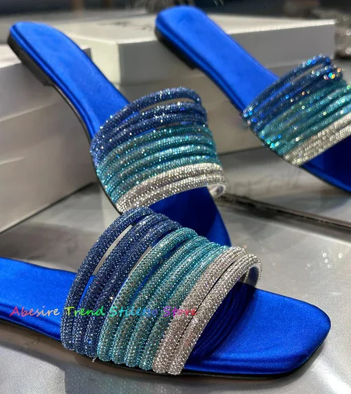Blue Rhinestone Slippers For Women Sexy Peep Toe Square Toe Flat Slippers Shallow Outside Sandals Slides Zapatillas Mujer