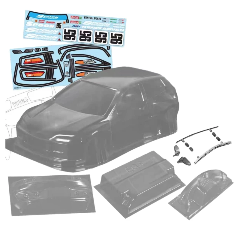 Rc rally car 1/10 Honda EG6 Clear Lexan Body shell W/Rear spoiler and Mirrors, Light Buckles for 257mm Tamiya tt02 chassis tt01