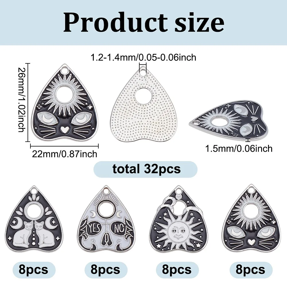 

32Pcs 4 Styles Alloy Enamel Pendants Talking Board Charm Mixed Shapes 26x22x1mm Hole: 2mm 8pcs/style