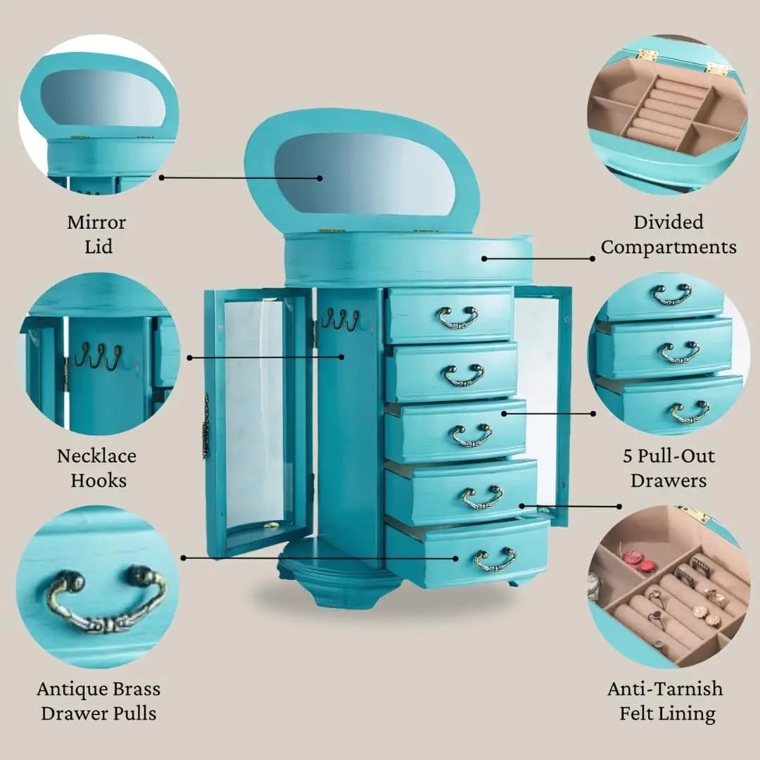 Turquoise Glass Jewelry Organizer Box with Mirror, Drawers & Necklace Hooks for Storage