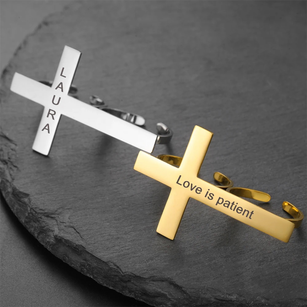 Lemegeton Two Finger Cross Ring Engraved Name Logo Open Ring Gold Silver Color Vintage Big Cross Gothic Jewelry Christian Rings