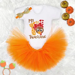 My 1st Thanksgiving Print Baby Bodysuit Dress Set Thanksgiving Party Girls Dresses Tutu Cake Smash Outfit Infant Baptism Clothes