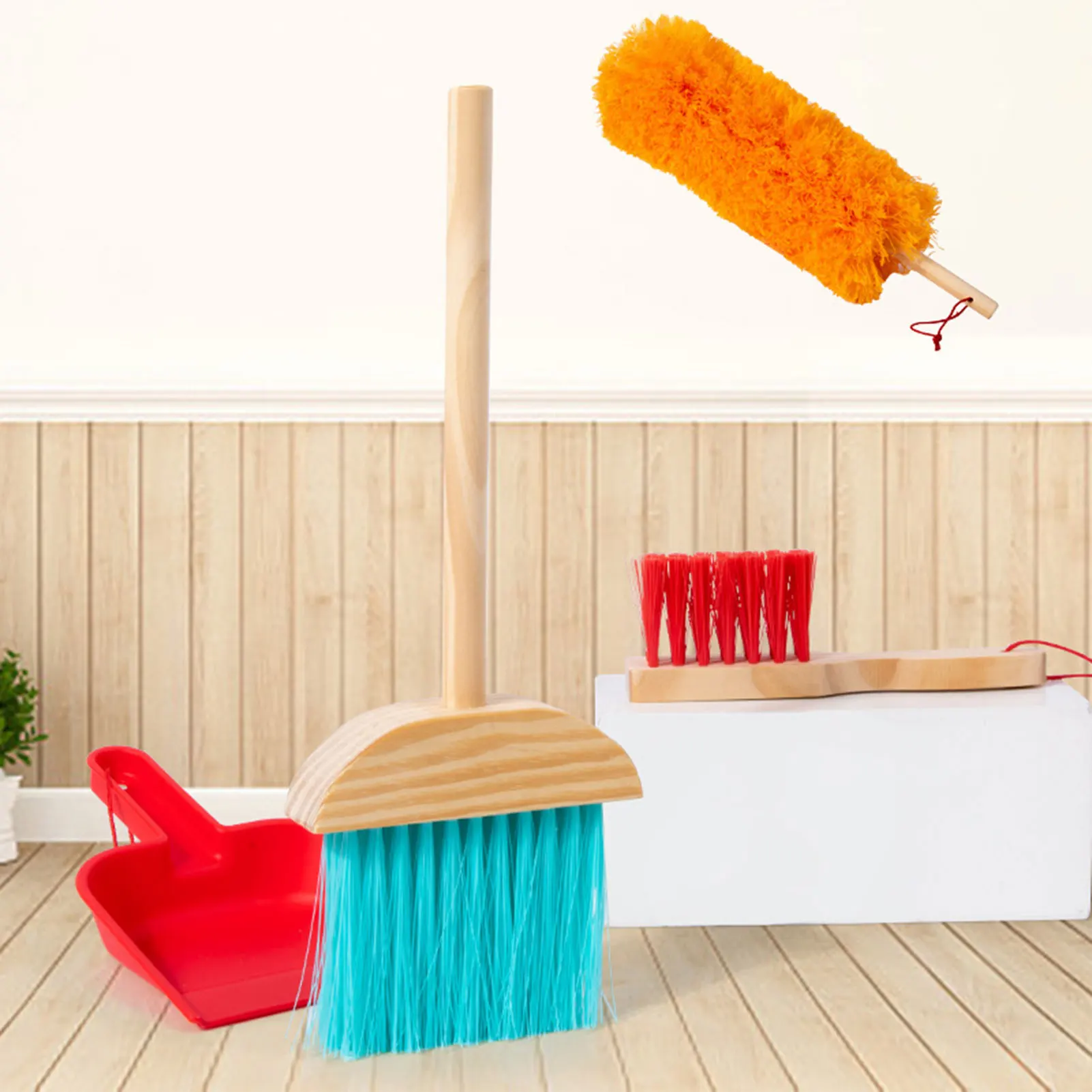 Juego de limpieza para niños, juego de 6 piezas, incluye escobas, fregona, plumero, cepillos, soporte organizador para el tiempo de unión familiar