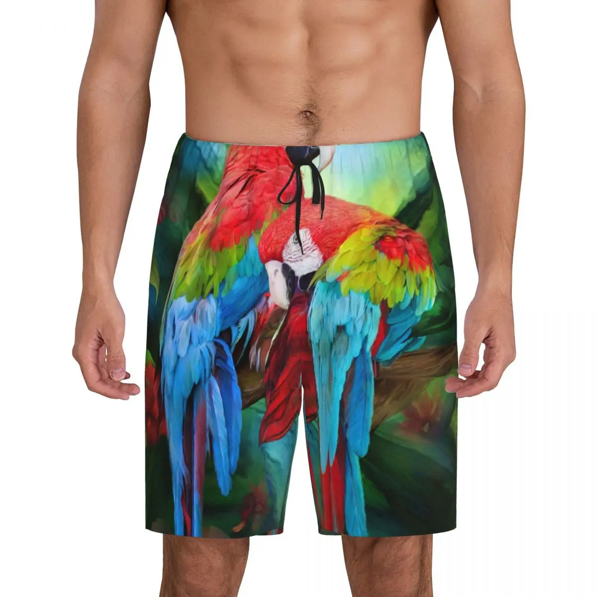 Custom Printed Men Tropic Spirits Macaw Parrot Couple Bird Pajama Bottoms Tropical Plant Sleepwear Pjs Sleep Shorts with Pockets