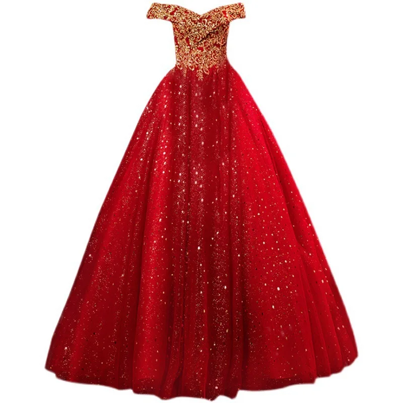 Prom Dress Red Bride Wedding Toast Solo Stage Performance Evening Dress New Style Brilliant Gilded Spring