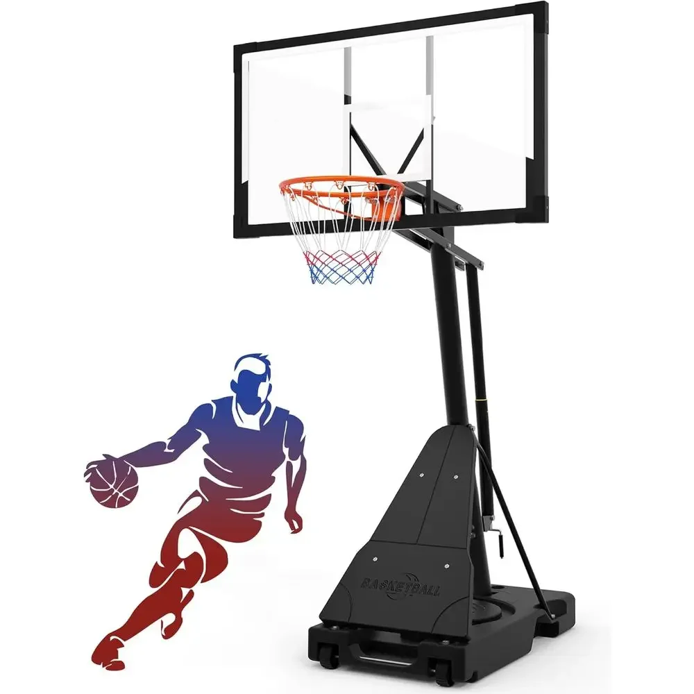 

Outdoor 44-52 Inch Tempered Glass Backboard Basketball Hoop, Adjustable Height, Portable for All Ages