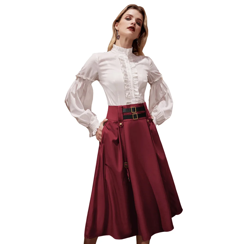 SD Goth Steampunk A-Line Skirts Women Renaissance Skirts Elastic High Waist Flared Skirts Adjustable Belt Punk Skirt With Pocket