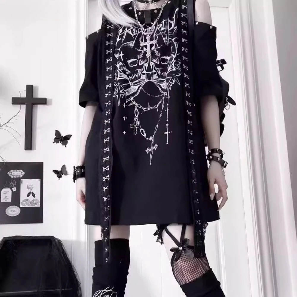 

Short Sleeve Punk Print Subculture Gothic Tees Short Sleeved Off Shoulder T-shirt Sense Loose Sweet and Spicy Tops Summer