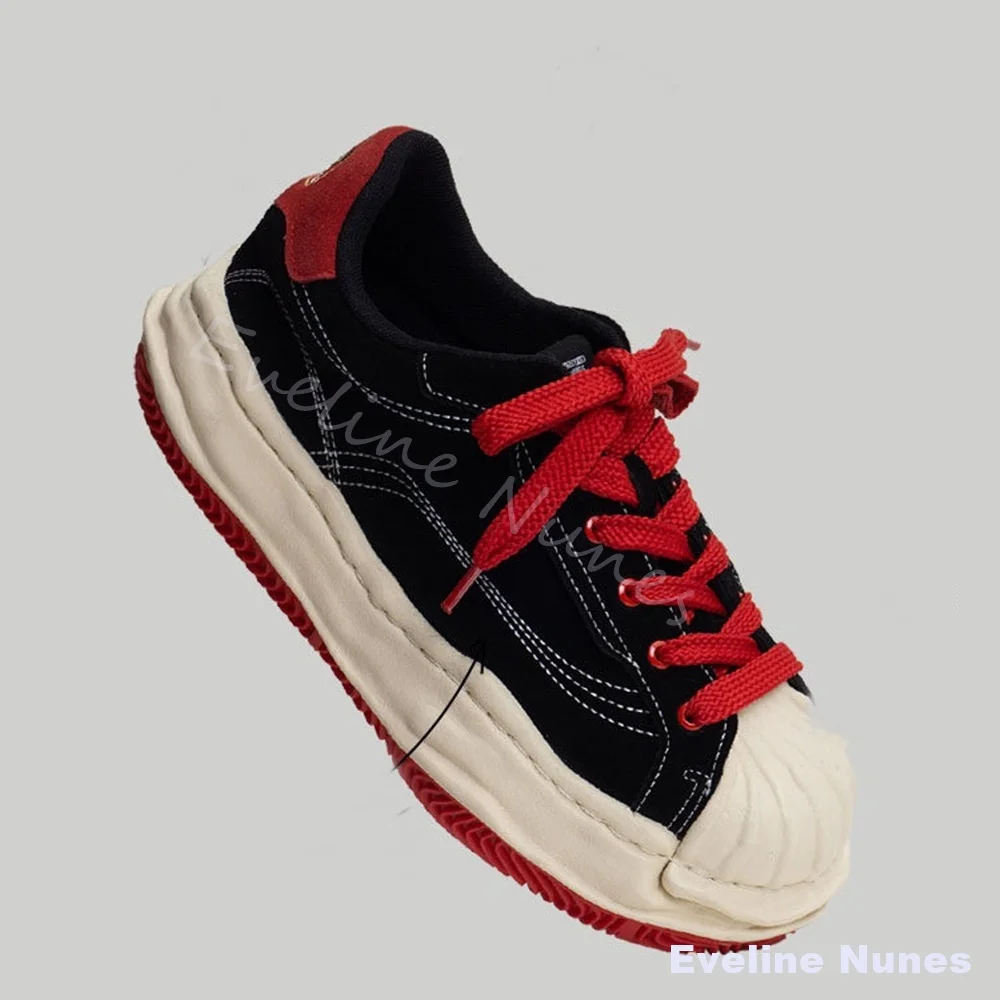 Unisex Black Suede Shell Toe Sneakers Men Distressed Wavy Platform Lace Skate Shoes Harajuku Street Fashion Casual Sports Shoes