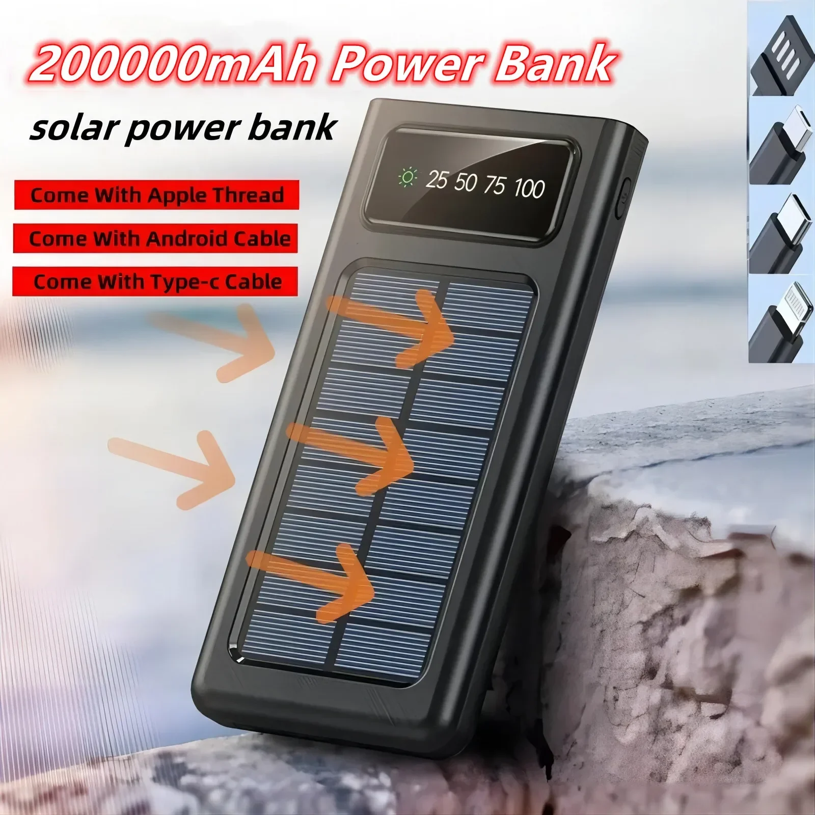 200000mah Power Bank mit extrem großer Kapazität Solar Charging Power Bank wird mit vier Drähten geliefert, die für Samsung Apple Huawei geeignet sind