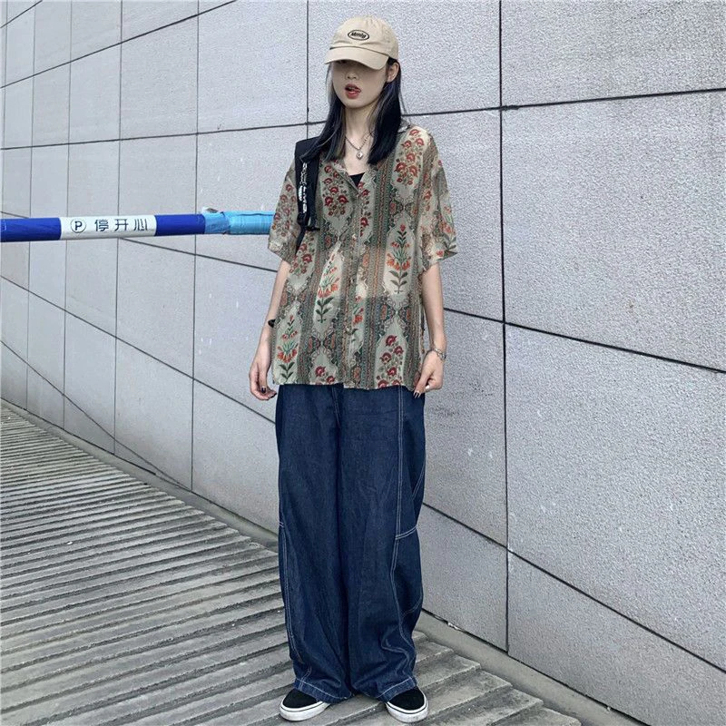 MEXZT Vintage Floral Sheer Shirts Women Harajuku Oversized Short Sleeve Blouses Summer Y2K 2000s Streetwear Print Loose Tops New