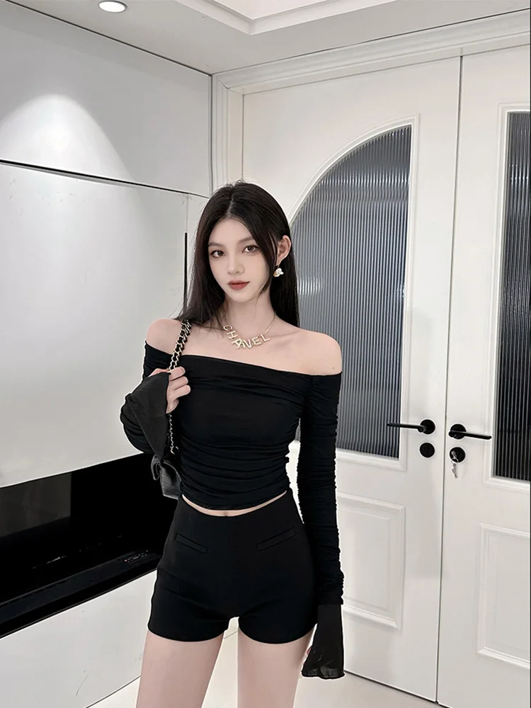 Women's Ruched Off-Shoulder Mesh Patchwork Long Sleeve Crop T-Shirt Bodycon Sexy Elegant Streetwear for Spring Summer 2026