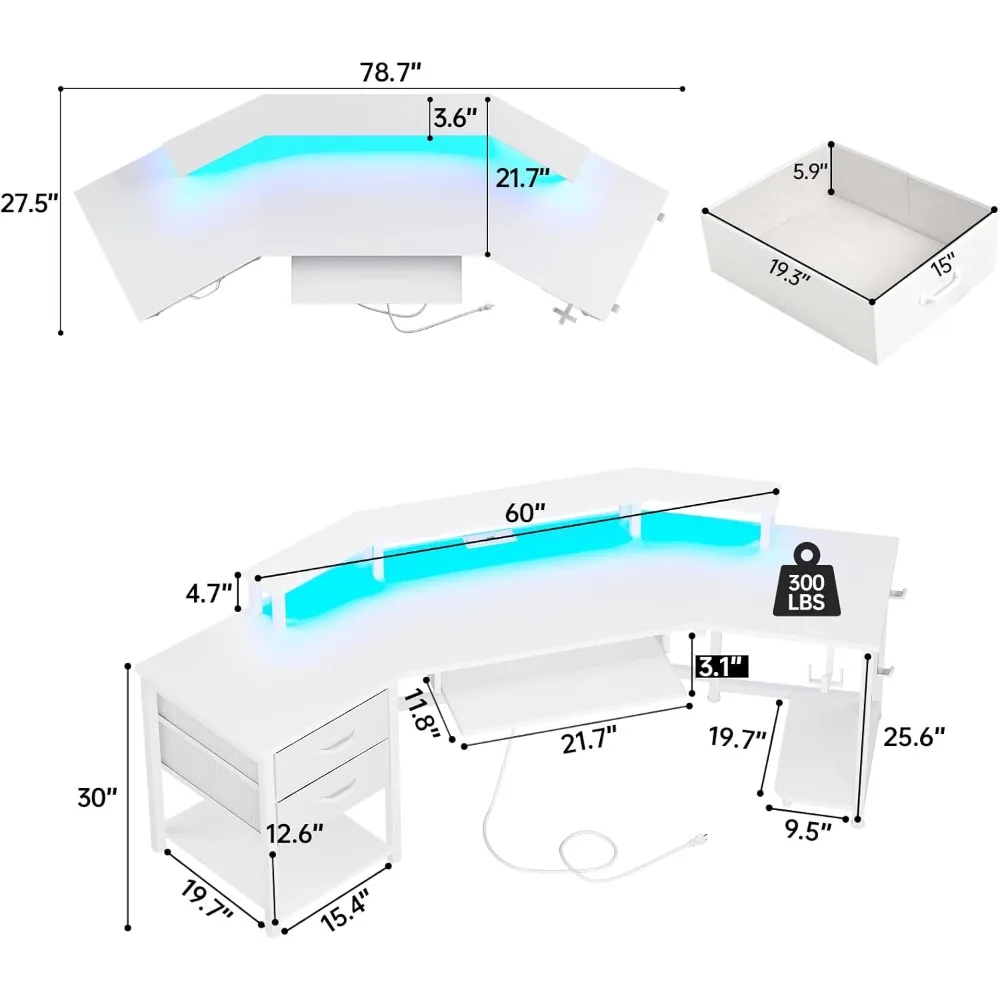 79” game table, computer desk with 2 fabric drawers and LED lights, white small desk with storage cabinets