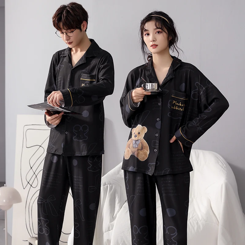 M-3XL loose fitting pure cotton couple pajamas cute and fashionable style men's and women's home wear all cotton autumn winter