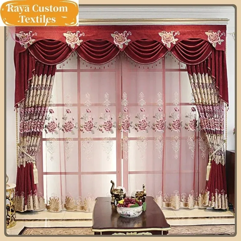 

European Embroider Red Luxury Curtains for Living Room Dining Blackout Bedroom Snowy Valance Tulle Elegant Custom R Ed Tulle