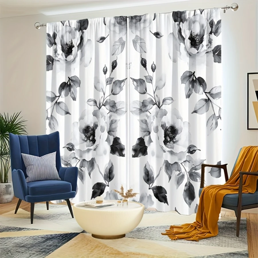 2PCS Digital Printed Curtains, Chinese Ink Mountain Flower Oriental Art, Modern Home Decor Style for Living Room Bedroom Decor