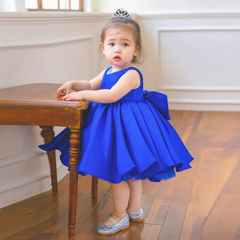 Baby Girl Party Dress Rolay Blue Summer New Children\'s Dress Big Bow Toddler Kids 1st Birthday Baptism Gown Bridesmaid Dress