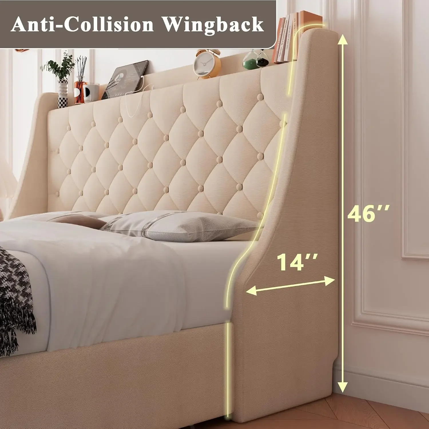 Upholstered Queen Bed Frame with 4 Storage Drawers, Charging Station and Tufted Wingback Storage Headboard, No Box Spring