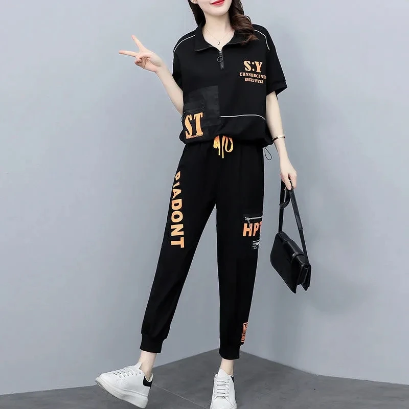 Damski strój sportowy 2024 Summer New Fashion Korean Style Loose Splicing Short Sleeve Tops Pencil Pants 2-częściowy zestaw dla kobiet