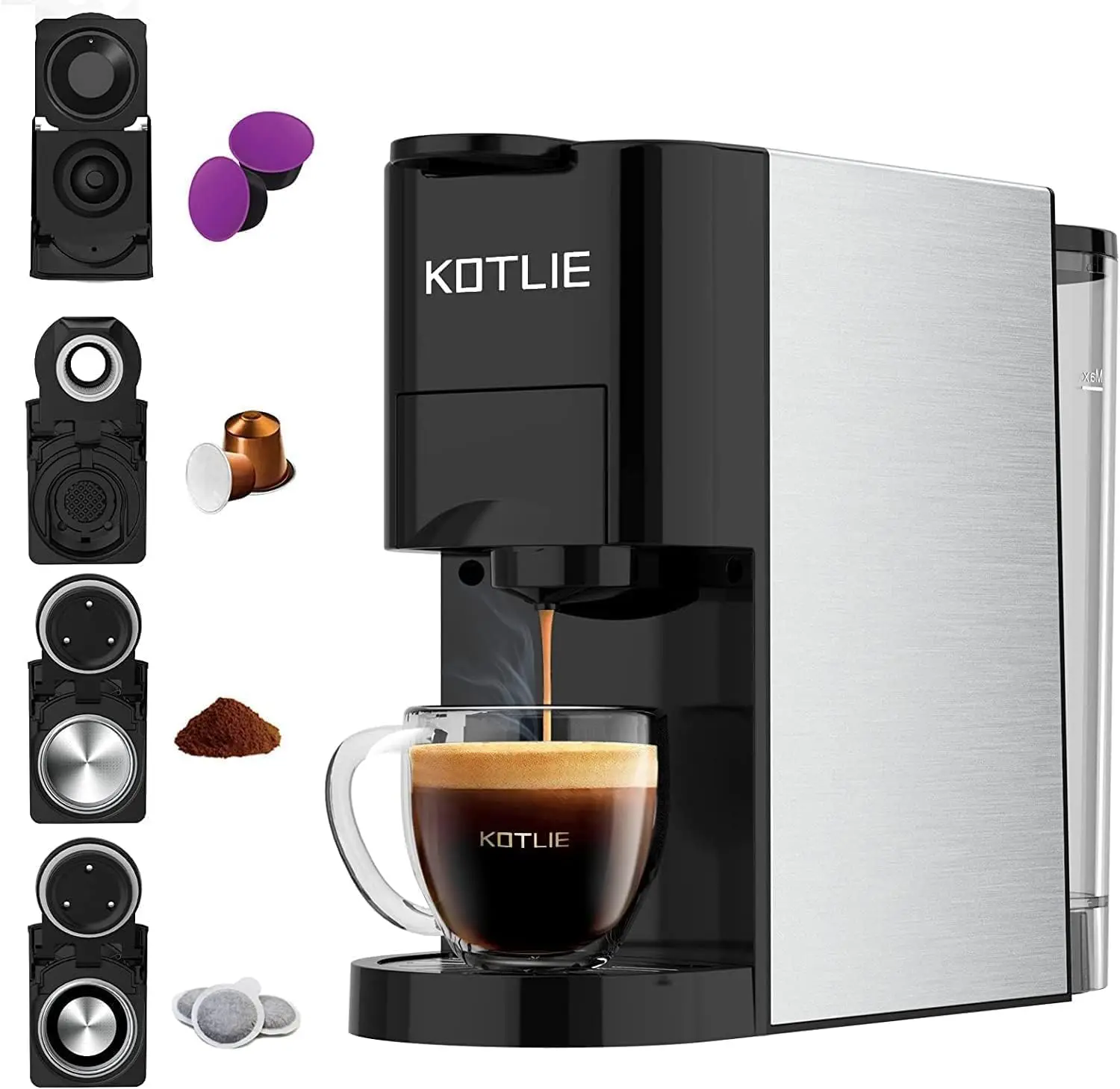 

4in1 Espresso Machine,Customize Volume Settings,Single Serve Coffee Maker for Nespresso original/K cups/L'OR/Ground Coffee/illy