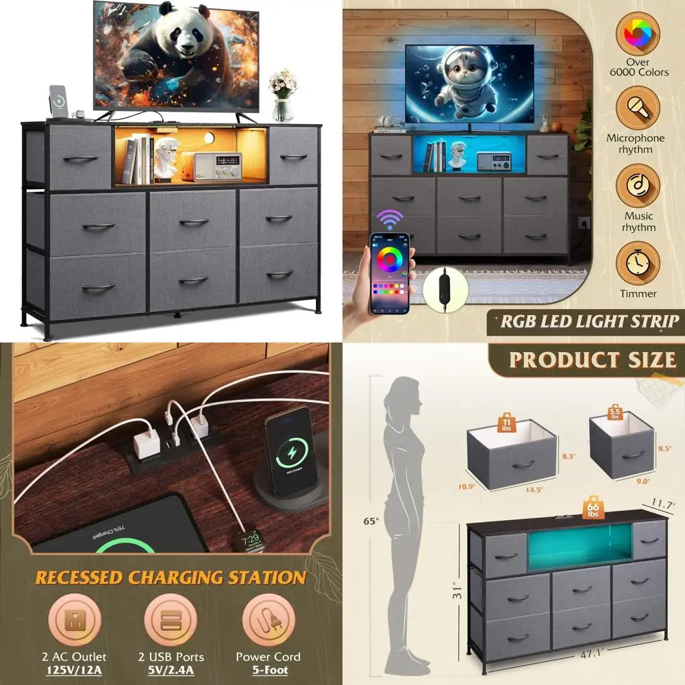 حامل تلفزيون بإضاءة LED مقاس 45-55 بوصة مع محطة شحن، وطاولة وحدة تحكم الوسائط باللون الرمادي لغرفة المعيشة الحديثة